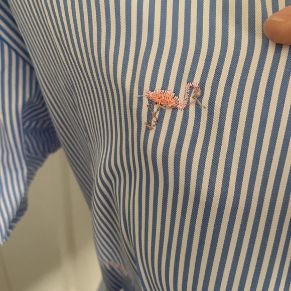 Blue and white striped Flamingo embroidered print wrap dress with ruffle bottom - Picture 5 of 12